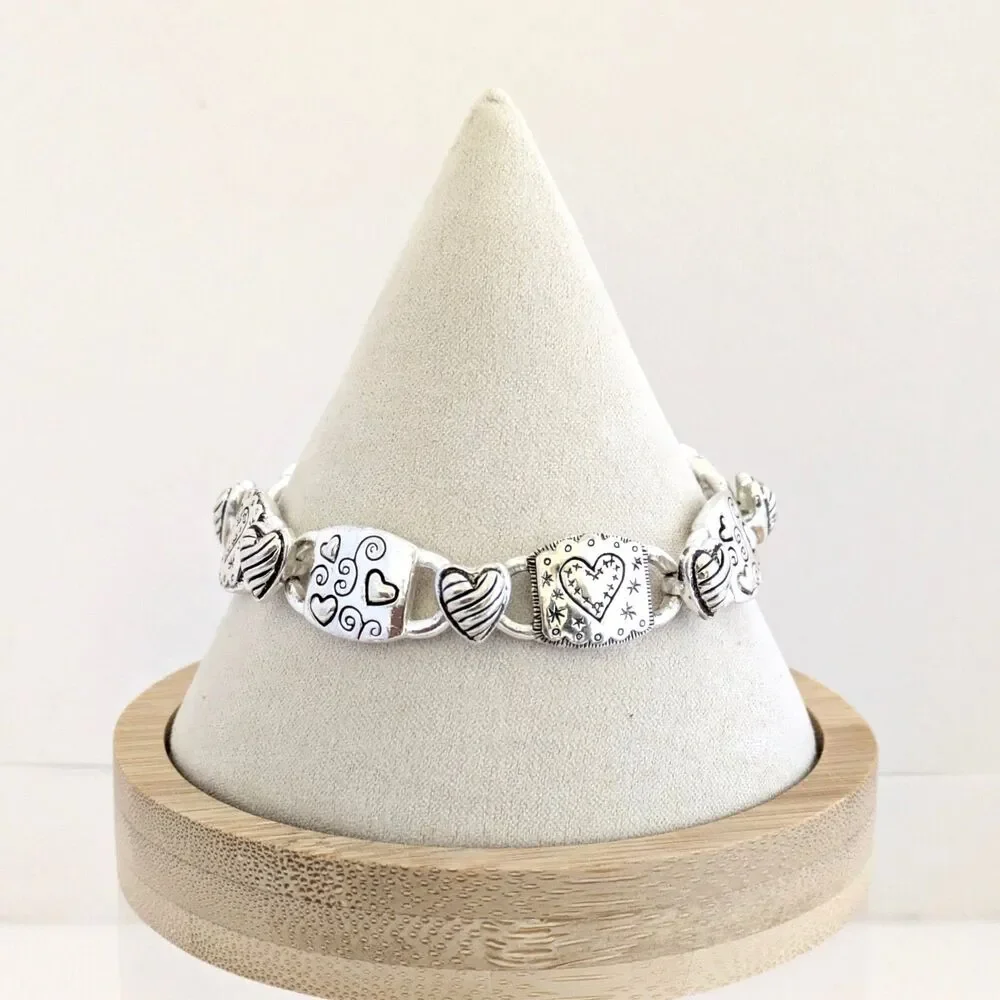 Silver Tone Puffy Heart Swirl Link Bracelet 7